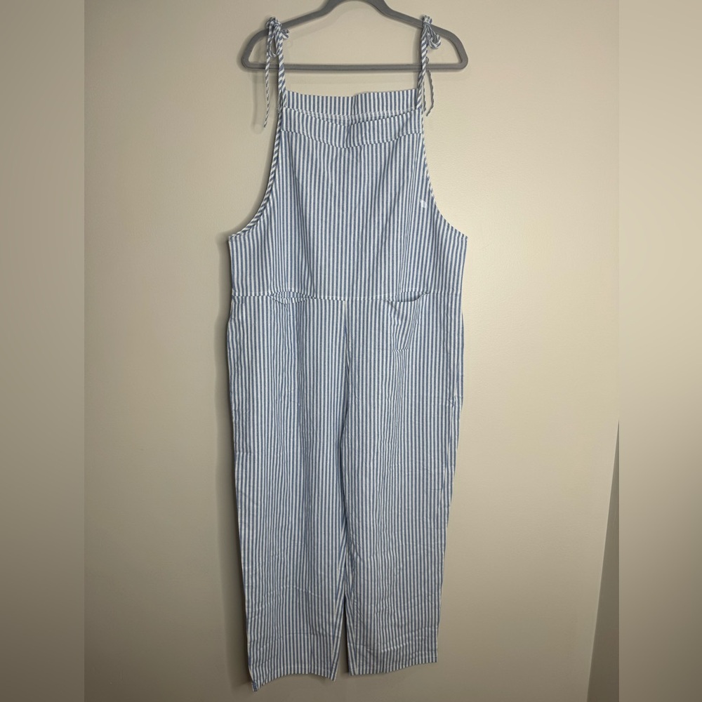 Striped Tie-Shoulder Light Blue Jumpsuit